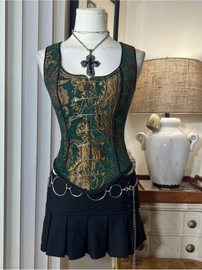 Y2K Shrine Green and Gold Brocade Corset Camisole Top